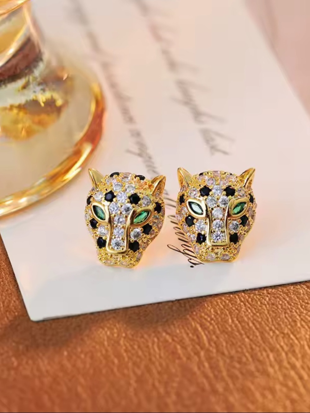 Crystal Panther Head Stud Earrings Gold • Emerald Eye Leopard Earrings - Picture 1 of 4